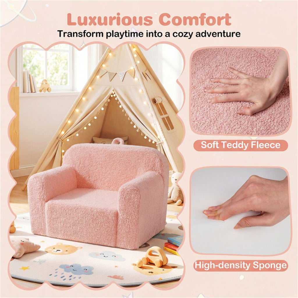 inQ Boutique - No-Assembly Kids Sofa, Soft Teddy Fleece Foam Couch with Carry Handle & Removable Washable Cover (Pink)