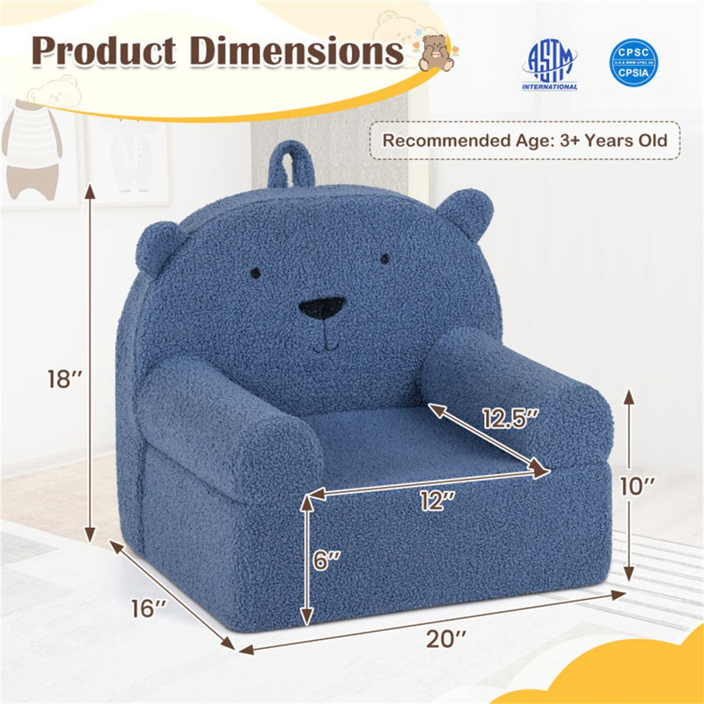 inQ Boutique - Bear-Shaped Kids Sofa, Teddy Fleece Foam Chair for Toddlers 3+, Portable Bear-Shaped Couch (Navy)