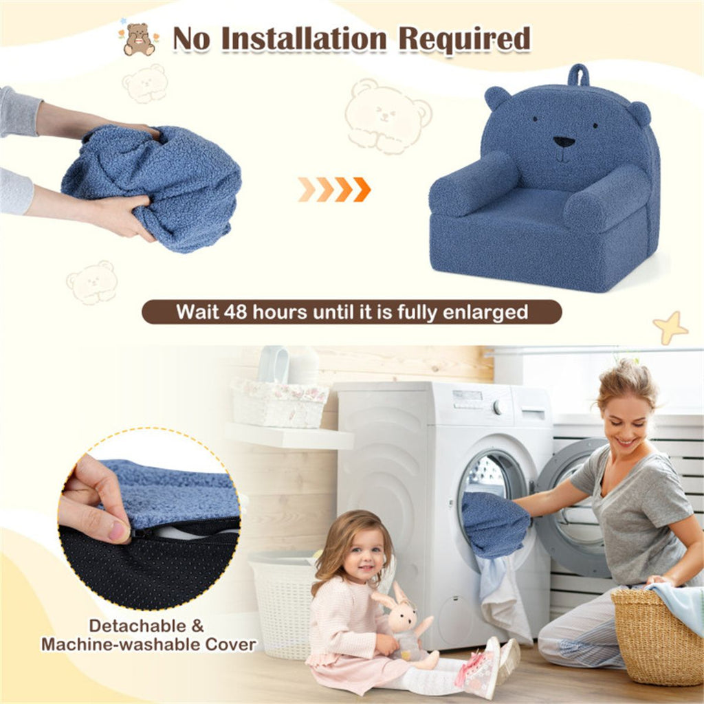 inQ Boutique - Bear-Shaped Kids Sofa, Teddy Fleece Foam Chair for Toddlers 3+, Portable Bear-Shaped Couch (Navy)