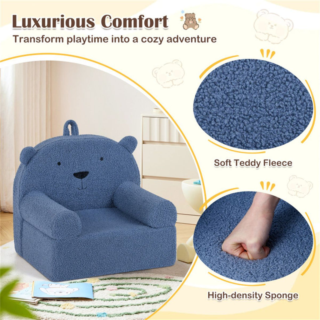 inQ Boutique - Bear-Shaped Kids Sofa, Teddy Fleece Foam Chair for Toddlers 3+, Portable Bear-Shaped Couch (Navy)