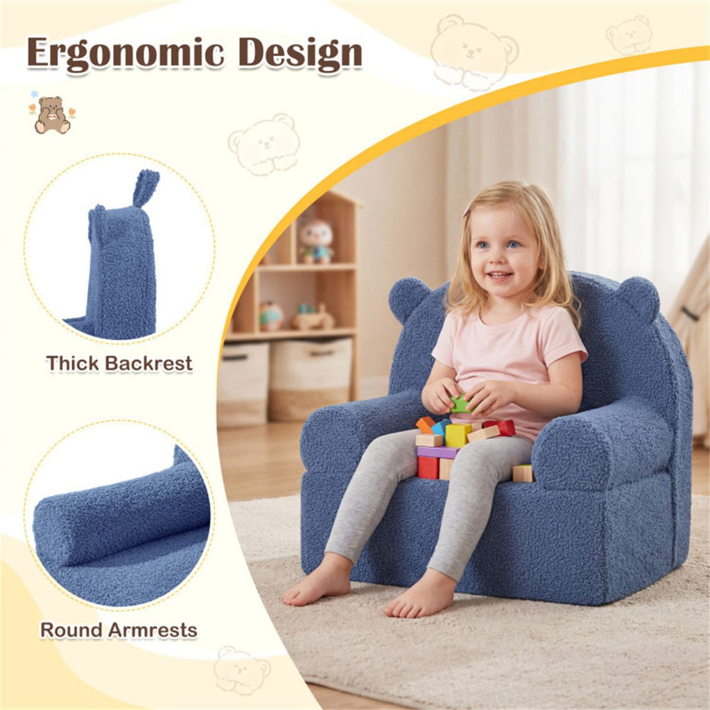 inQ Boutique - Bear-Shaped Kids Sofa, Teddy Fleece Foam Chair for Toddlers 3+, Portable Bear-Shaped Couch (Navy)