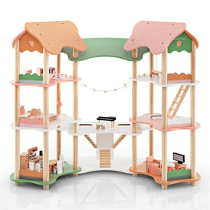 inQ Boutique - 3-Tier Dollhouse with 7 Rooms & 31 Cute Furniture, MDF+Pine Wood Corner Design Kids Toy