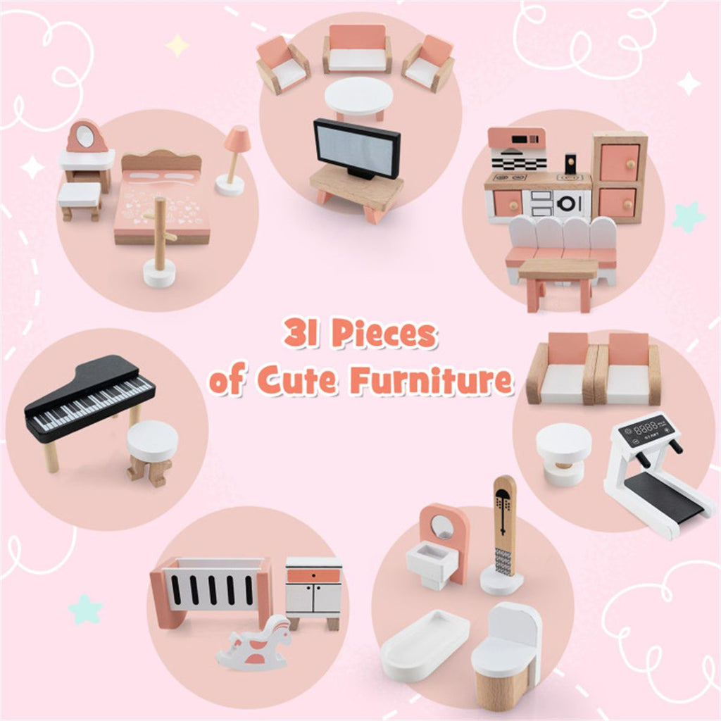 inQ Boutique - 3-Tier Dollhouse with 7 Rooms & 31 Cute Furniture, MDF+Pine Wood Corner Design Kids Toy