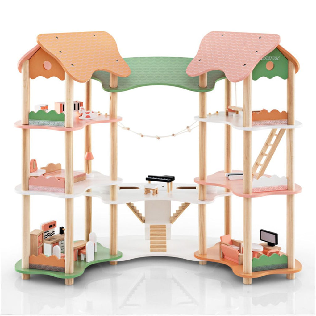 inQ Boutique - 3-Tier Dollhouse with 7 Rooms & 31 Cute Furniture, MDF+Pine Wood Corner Design Kids Toy