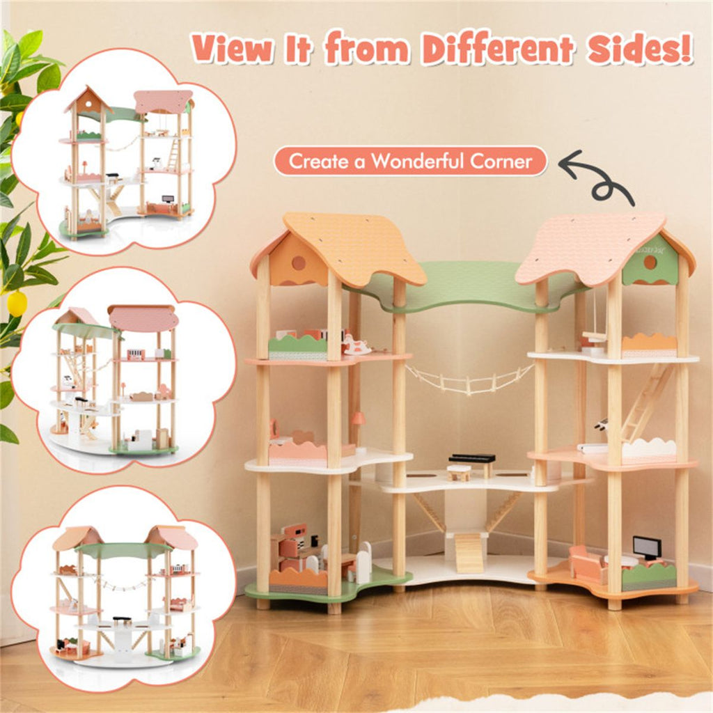 inQ Boutique - 3-Tier Dollhouse with 7 Rooms & 31 Cute Furniture, MDF+Pine Wood Corner Design Kids Toy
