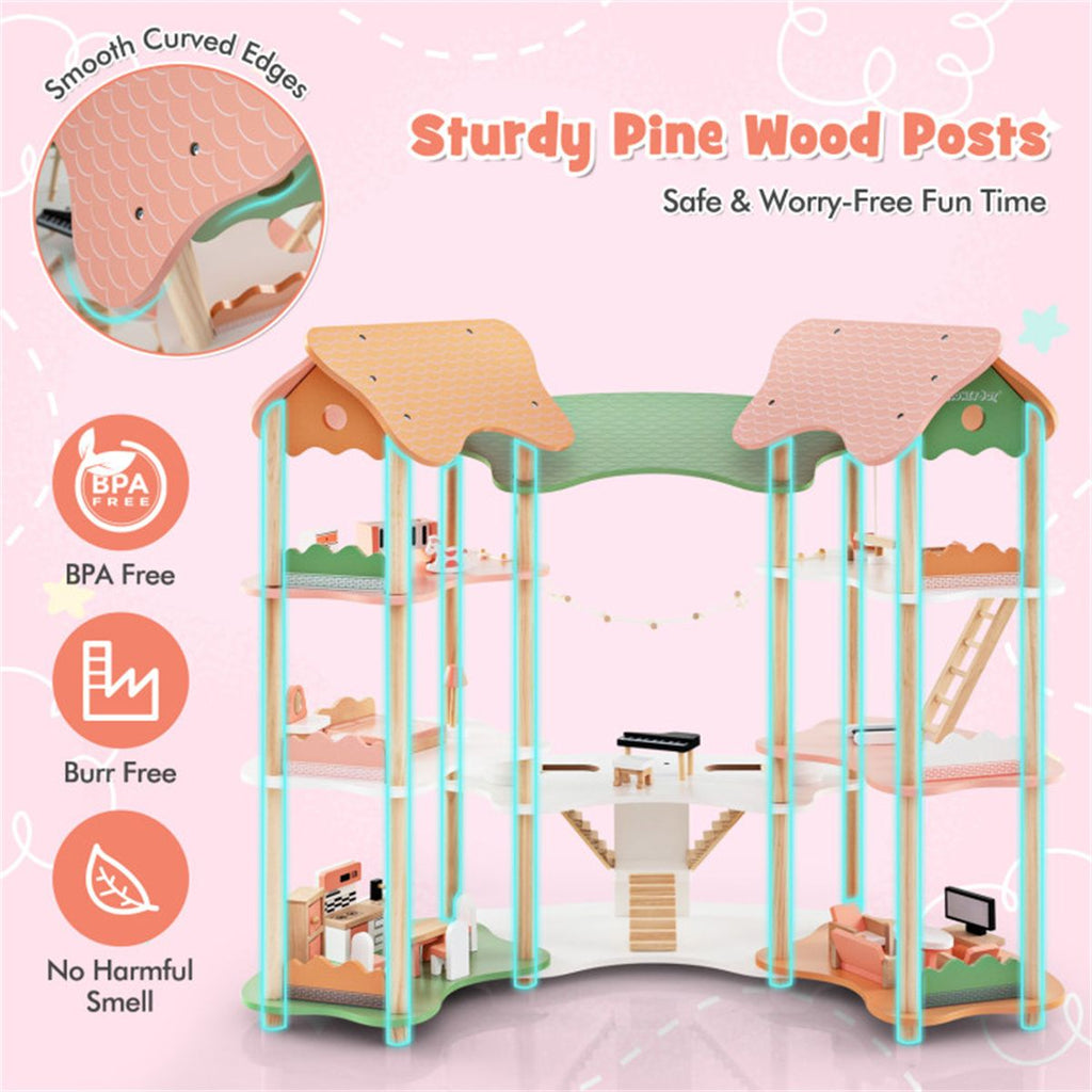inQ Boutique - 3-Tier Dollhouse with 7 Rooms & 31 Cute Furniture, MDF+Pine Wood Corner Design Kids Toy