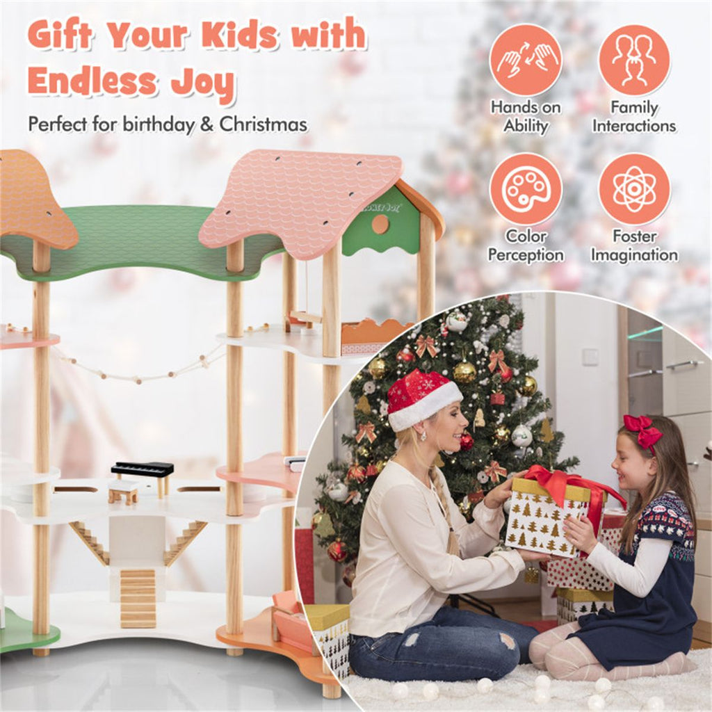 inQ Boutique - 3-Tier Dollhouse with 7 Rooms & 31 Cute Furniture, MDF+Pine Wood Corner Design Kids Toy