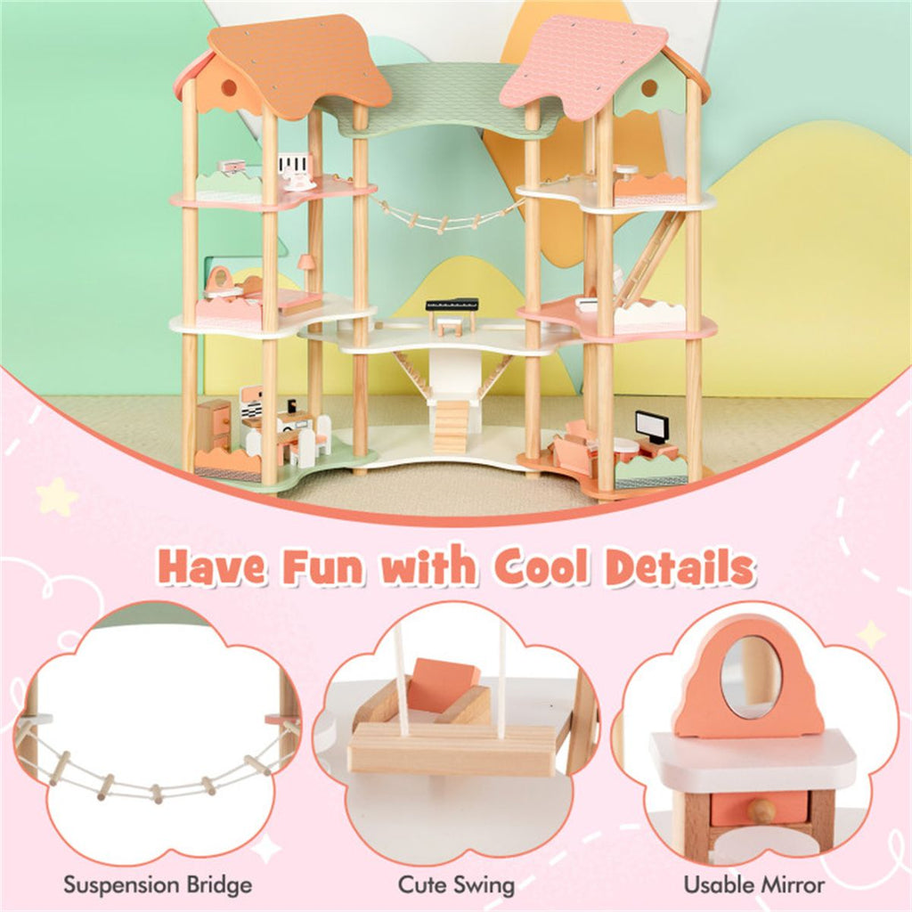 inQ Boutique - 3-Tier Dollhouse with 7 Rooms & 31 Cute Furniture, MDF+Pine Wood Corner Design Kids Toy