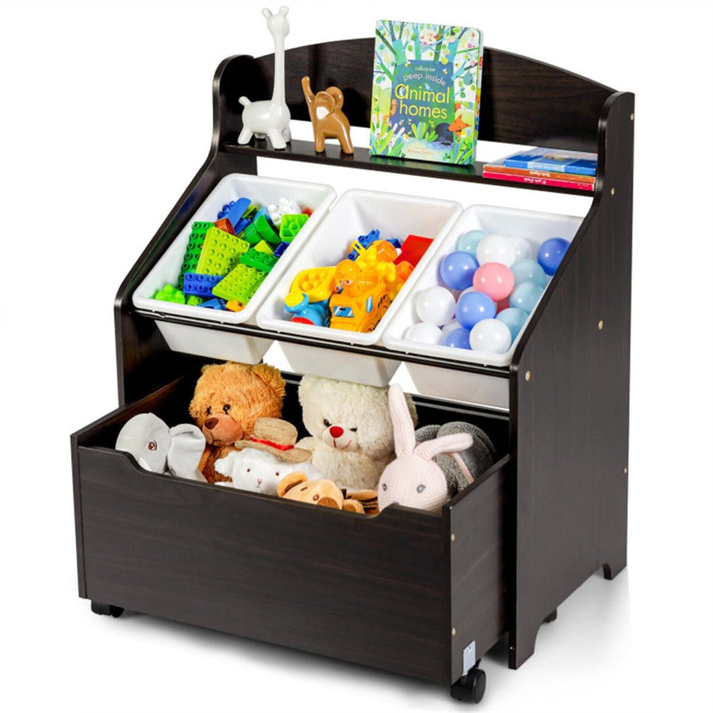 inQ Boutique - Dark Brown Multifunctional Kids Storage Cabinet with Large Capacity Toy Box and Display Shelf, Safe Rounded Corner Children Organizer for Toys Books