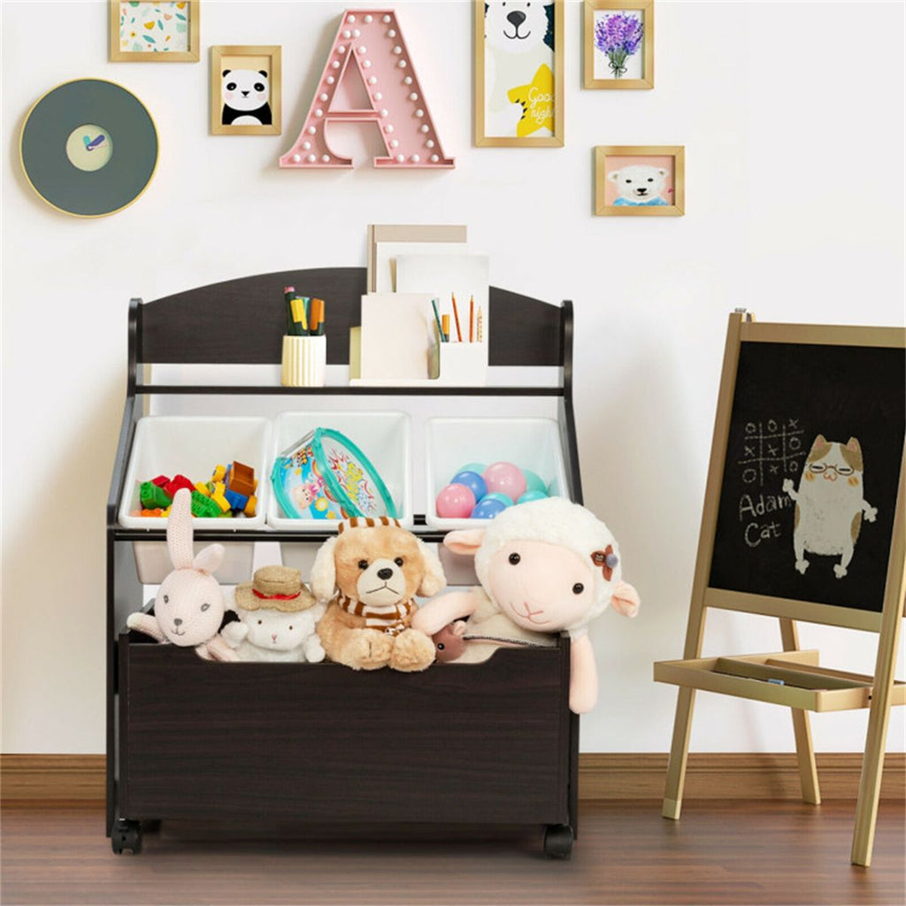 inQ Boutique - Dark Brown Multifunctional Kids Storage Cabinet with Large Capacity Toy Box and Display Shelf, Safe Rounded Corner Children Organizer for Toys Books