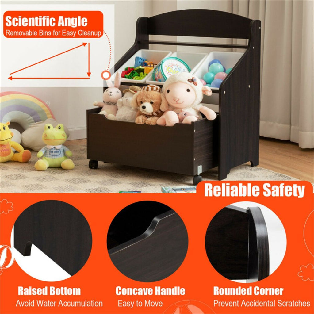 inQ Boutique - Dark Brown Multifunctional Kids Storage Cabinet with Large Capacity Toy Box and Display Shelf, Safe Rounded Corner Children Organizer for Toys Books