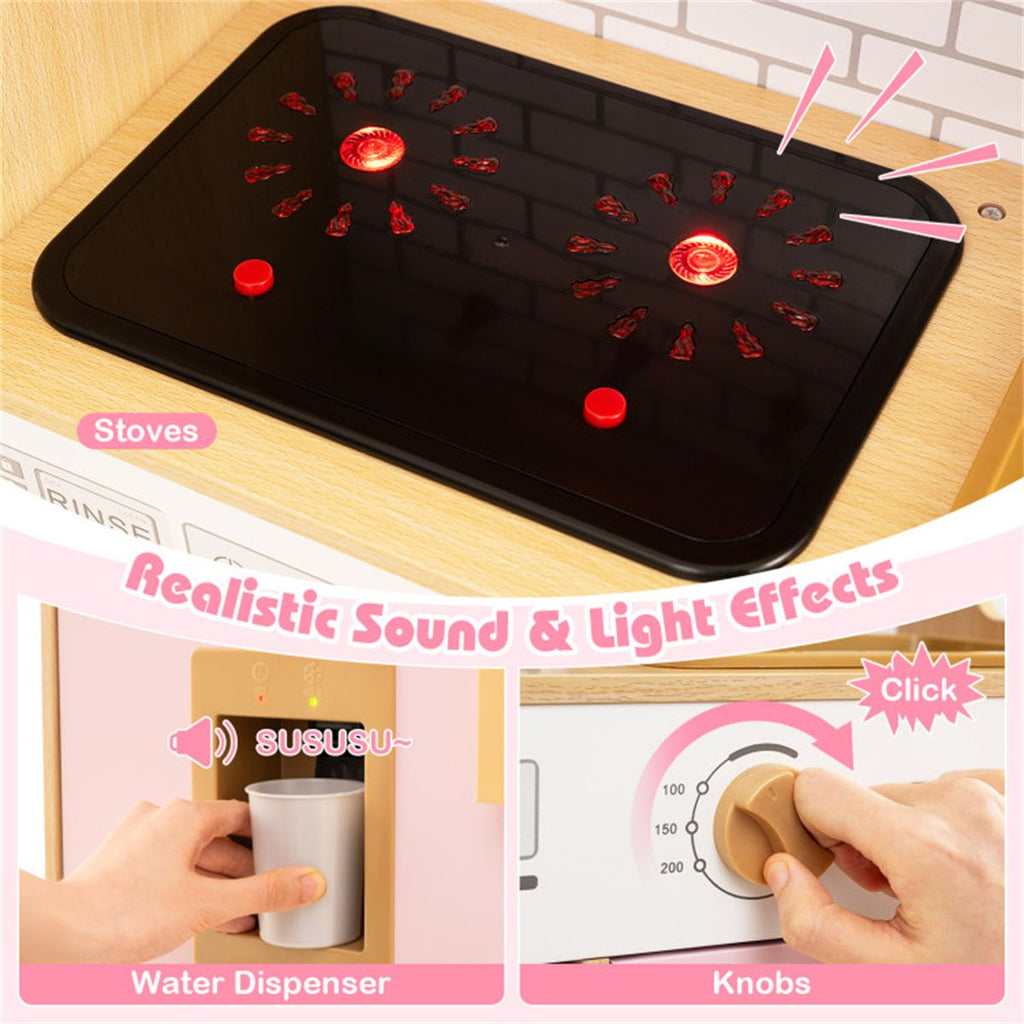 inQ Boutique - Kids Wooden Kitchen Playset 3+ with Fridge Sink Washing Machine with Realistic Light Sound Rattan Doors - Pink