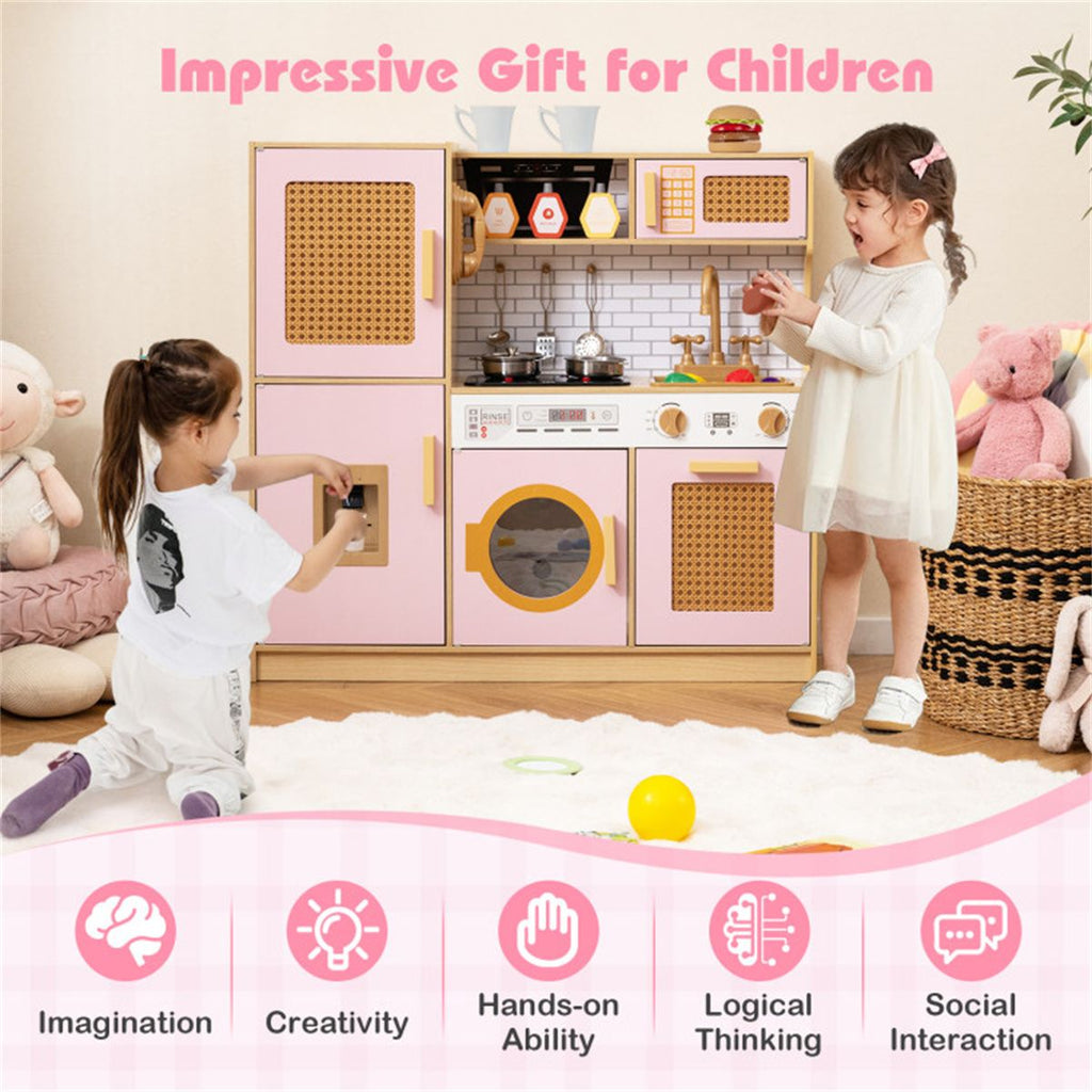 inQ Boutique - Kids Wooden Kitchen Playset 3+ with Fridge Sink Washing Machine with Realistic Light Sound Rattan Doors - Pink