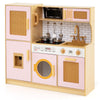 inQ Boutique - Kids Wooden Kitchen Playset 3+ with Fridge Sink Washing Machine with Realistic Light Sound Rattan Doors - Pink