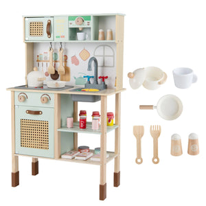 inQ Boutique - Green wooden children's play kitchen, interactive light/sound stove, with microwave/oven/blackboard storage options