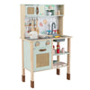 inQ Boutique - Green wooden children's play kitchen, interactive light/sound stove, with microwave/oven/blackboard storage options