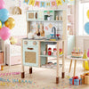 inQ Boutique - Green wooden children's play kitchen, interactive light/sound stove, with microwave/oven/blackboard storage options