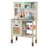 inQ Boutique - Green wooden children's play kitchen, interactive light/sound stove, with microwave/oven/blackboard storage options