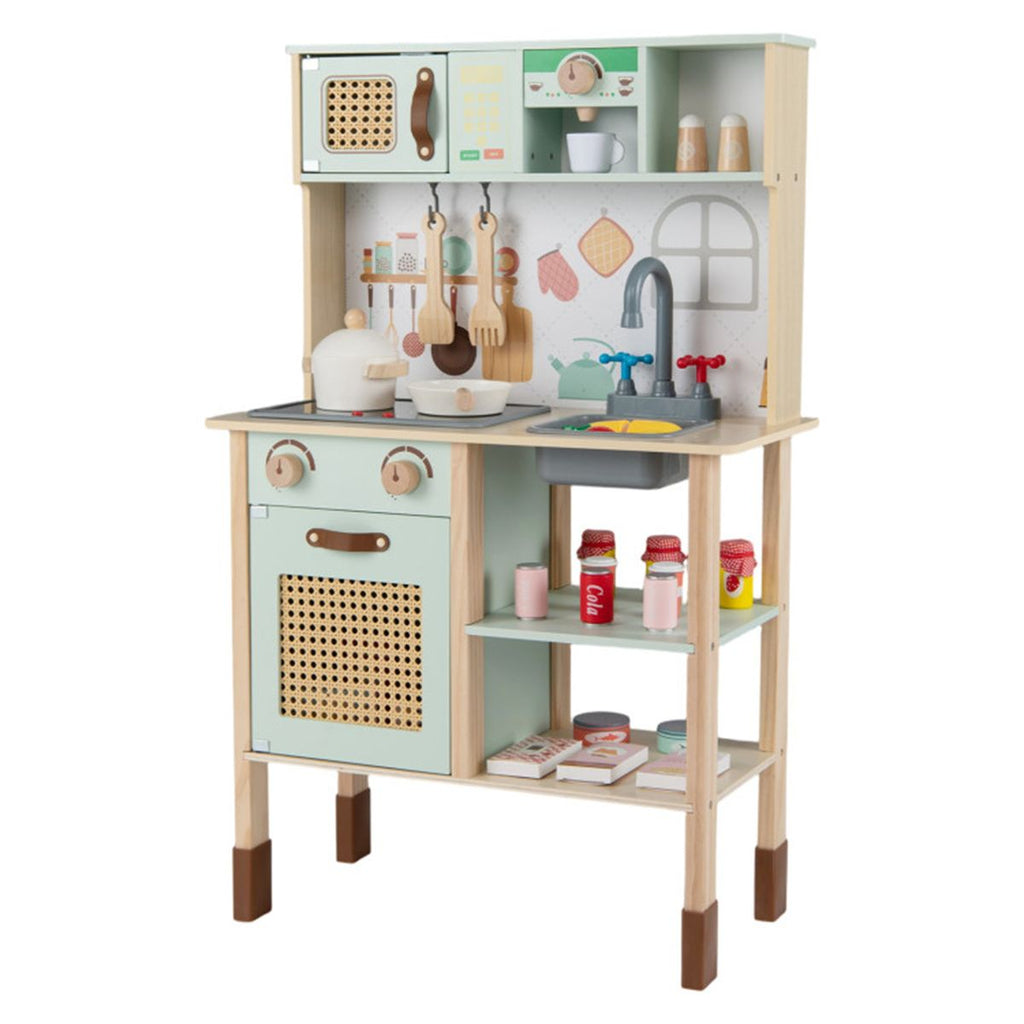 inQ Boutique - Green wooden children's play kitchen, interactive light/sound stove, with microwave/oven/blackboard storage options