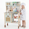 inQ Boutique - Green wooden children's play kitchen, interactive light/sound stove, with microwave/oven/blackboard storage options
