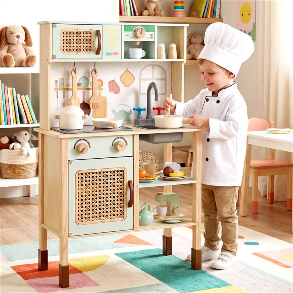 inQ Boutique - Green wooden children's play kitchen, interactive light/sound stove, with microwave/oven/blackboard storage options