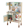 inQ Boutique - Green wooden children's play kitchen, interactive light/sound stove, with microwave/oven/blackboard storage options