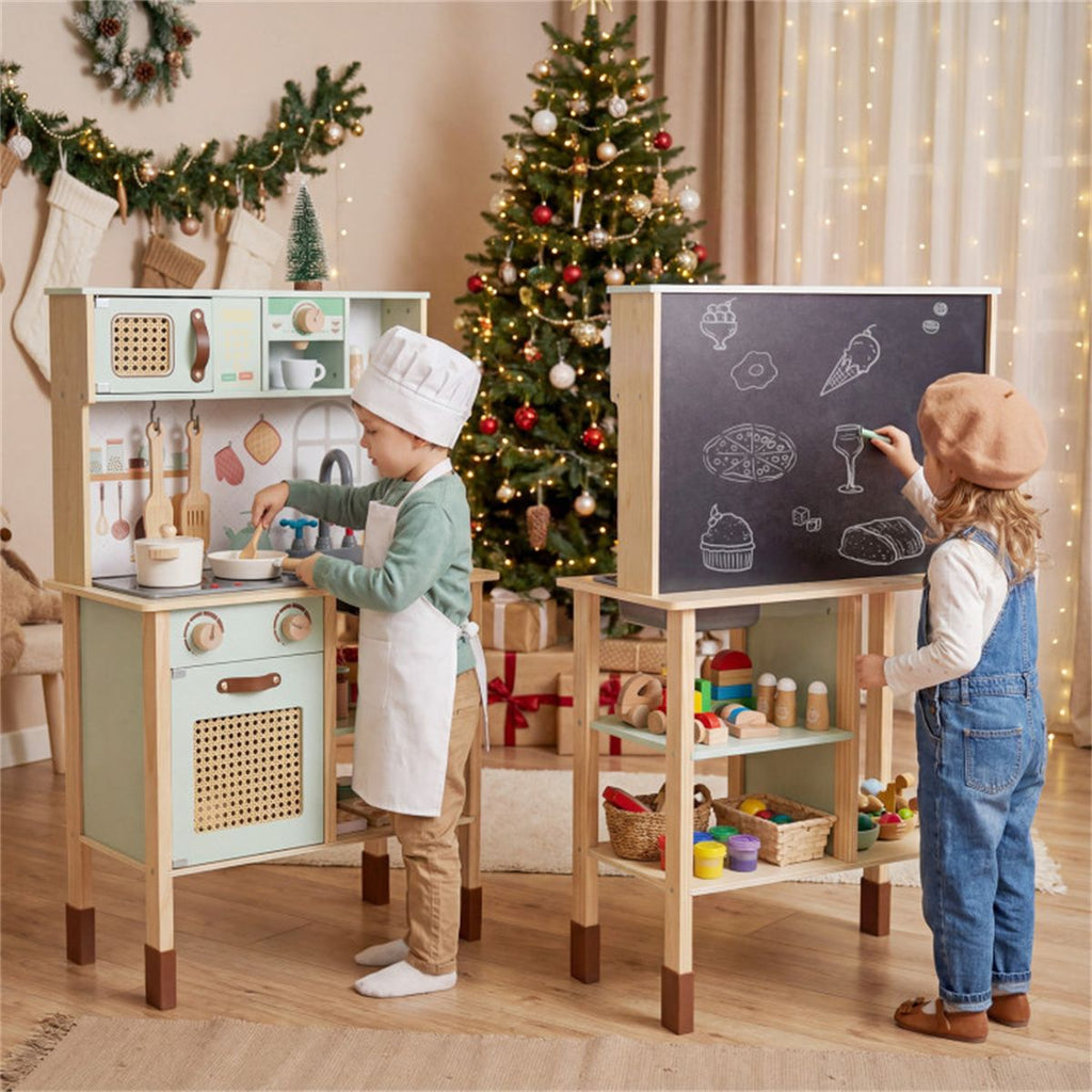 inQ Boutique - Green wooden children's play kitchen, interactive light/sound stove, with microwave/oven/blackboard storage options