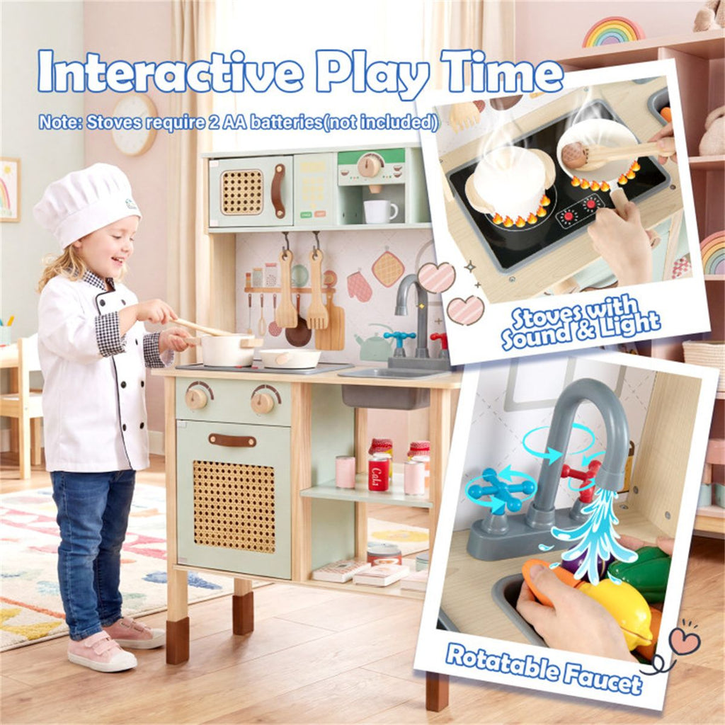 inQ Boutique - Green wooden children's play kitchen, interactive light/sound stove, with microwave/oven/blackboard storage options