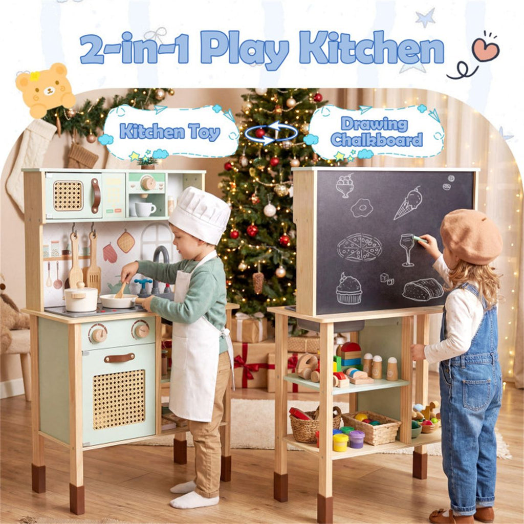 inQ Boutique - Green wooden children's play kitchen, interactive light/sound stove, with microwave/oven/blackboard storage options