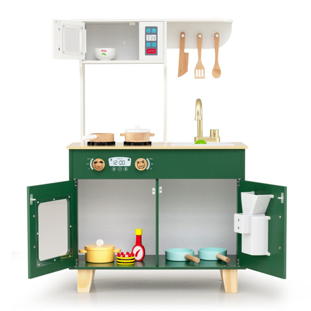 inQ Boutique - Green Kids Play Kitchen with Realistic Faucet & Ice Dispenser, Anti-Tipping Pretend Cooking Set for Ages 3-6