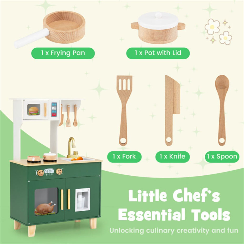 inQ Boutique - Green Kids Play Kitchen with Realistic Faucet & Ice Dispenser, Anti-Tipping Pretend Cooking Set for Ages 3-6