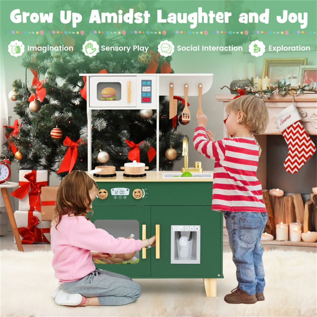 inQ Boutique - Green Kids Play Kitchen with Realistic Faucet & Ice Dispenser, Anti-Tipping Pretend Cooking Set for Ages 3-6