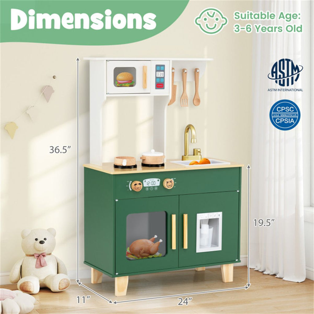 inQ Boutique - Green Kids Play Kitchen with Realistic Faucet & Ice Dispenser, Anti-Tipping Pretend Cooking Set for Ages 3-6