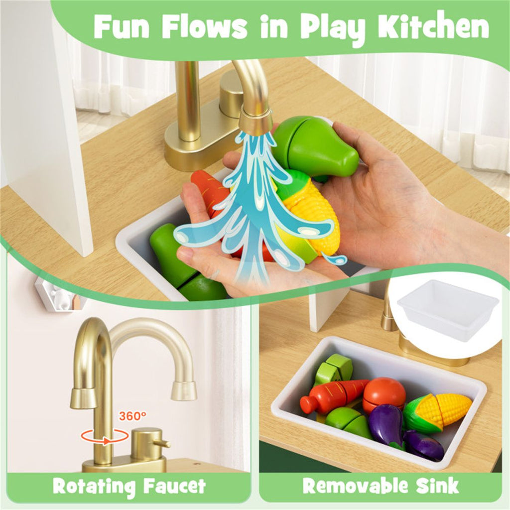 inQ Boutique - Green Kids Play Kitchen with Realistic Faucet & Ice Dispenser, Anti-Tipping Pretend Cooking Set for Ages 3-6