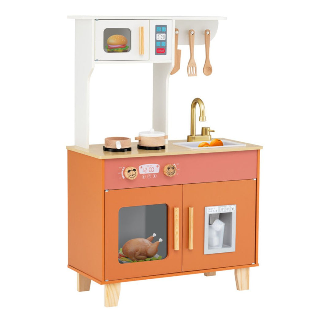 inQ Boutique - Orange Kids Play Kitchen with Realistic Faucet & Ice Dispenser, Anti-Tipping Pretend Cooking Set for Ages 3-6