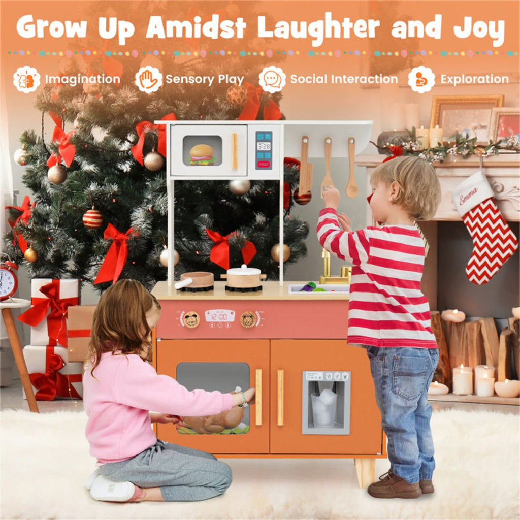 inQ Boutique - Orange Kids Play Kitchen with Realistic Faucet & Ice Dispenser, Anti-Tipping Pretend Cooking Set for Ages 3-6