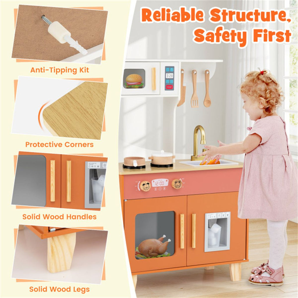 inQ Boutique - Orange Kids Play Kitchen with Realistic Faucet & Ice Dispenser, Anti-Tipping Pretend Cooking Set for Ages 3-6