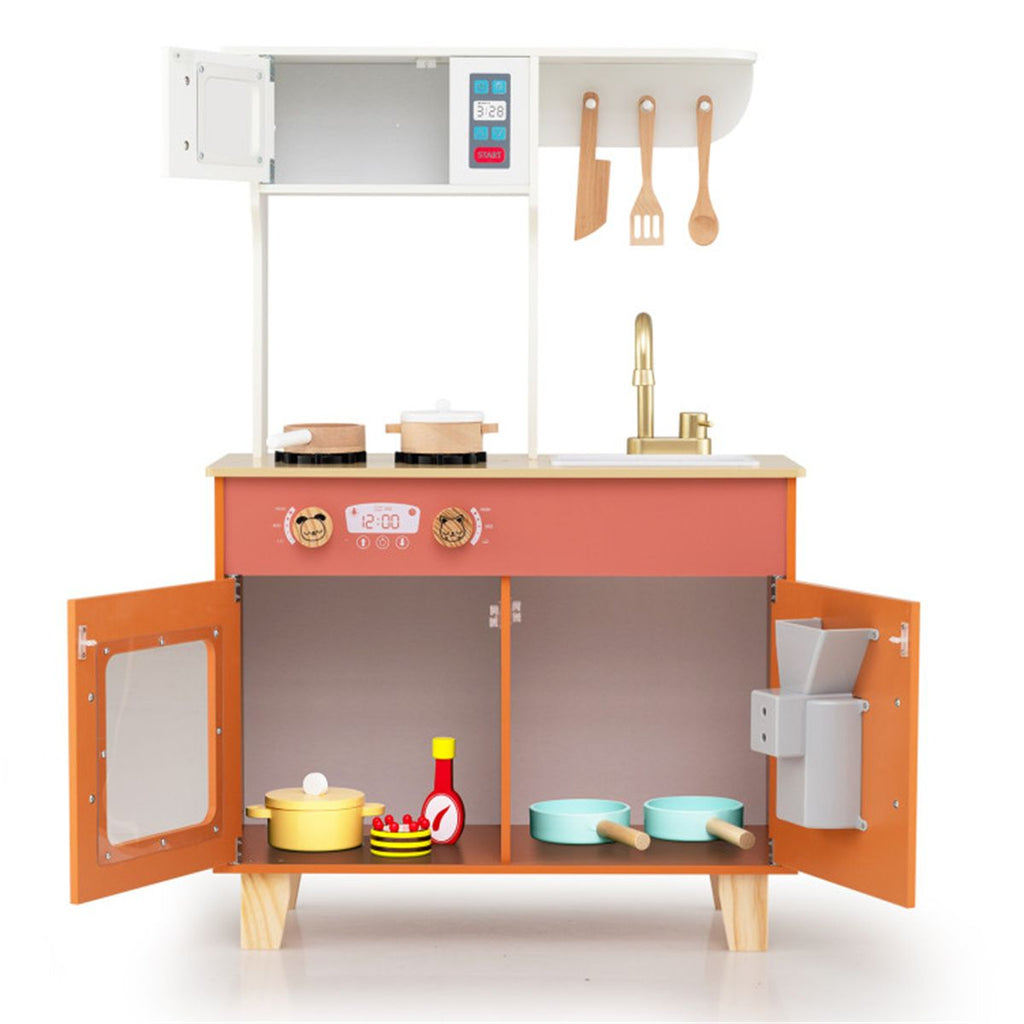 inQ Boutique - Orange Kids Play Kitchen with Realistic Faucet & Ice Dispenser, Anti-Tipping Pretend Cooking Set for Ages 3-6