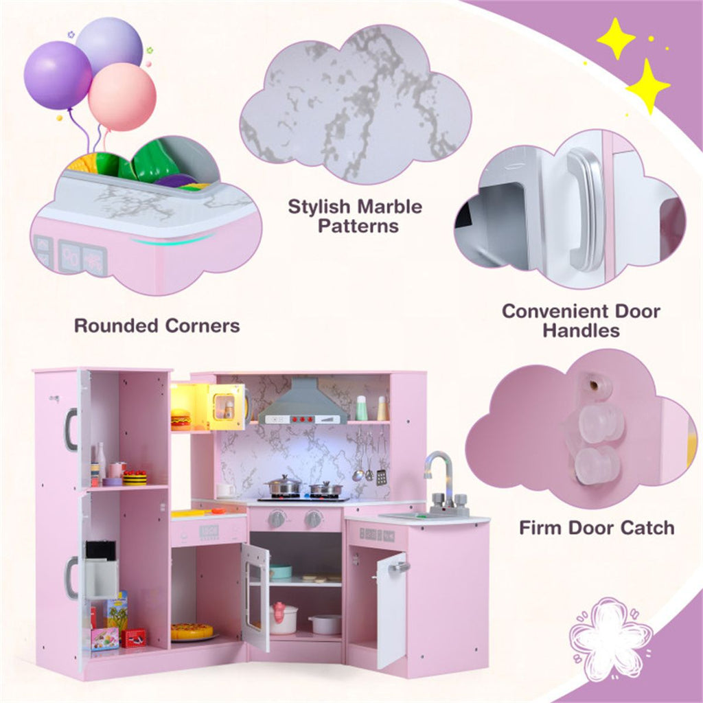 inQ Boutique - Interactive Kids Play Kitchen with Ice Maker & Chalkboard, Corner Design Pretend Cooking Set with Realistic Sound Effects-Pink