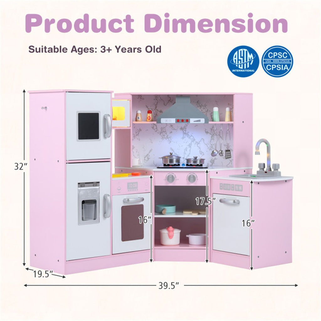 inQ Boutique - Interactive Kids Play Kitchen with Ice Maker & Chalkboard, Corner Design Pretend Cooking Set with Realistic Sound Effects-Pink