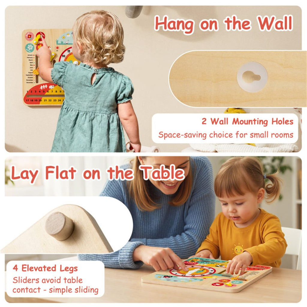 inQ Boutique - Montessori Wooden Time Learning Clock for Kids 3+, All-in-One Calendar Season Weather Educational Toy