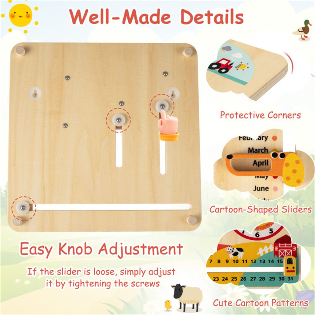 inQ Boutique - Montessori Wooden Time Learning Clock for Kids 3+, All-in-One Calendar Season Weather Educational Toy