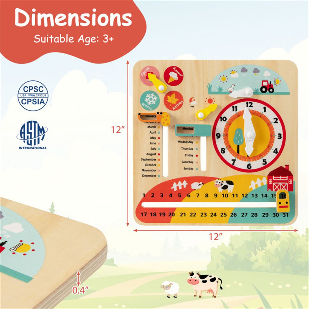inQ Boutique - Montessori Wooden Time Learning Clock for Kids 3+, All-in-One Calendar Season Weather Educational Toy