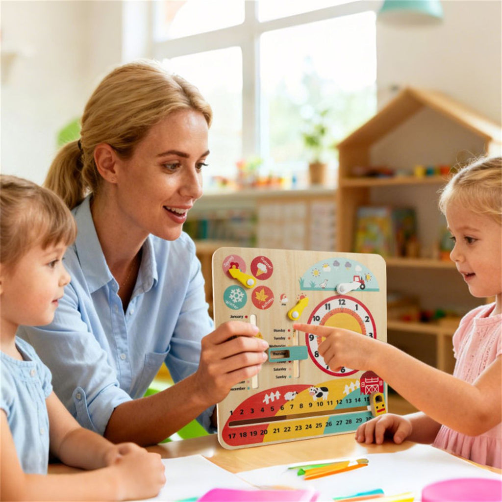 inQ Boutique - Montessori Wooden Time Learning Clock for Kids 3+, All-in-One Calendar Season Weather Educational Toy