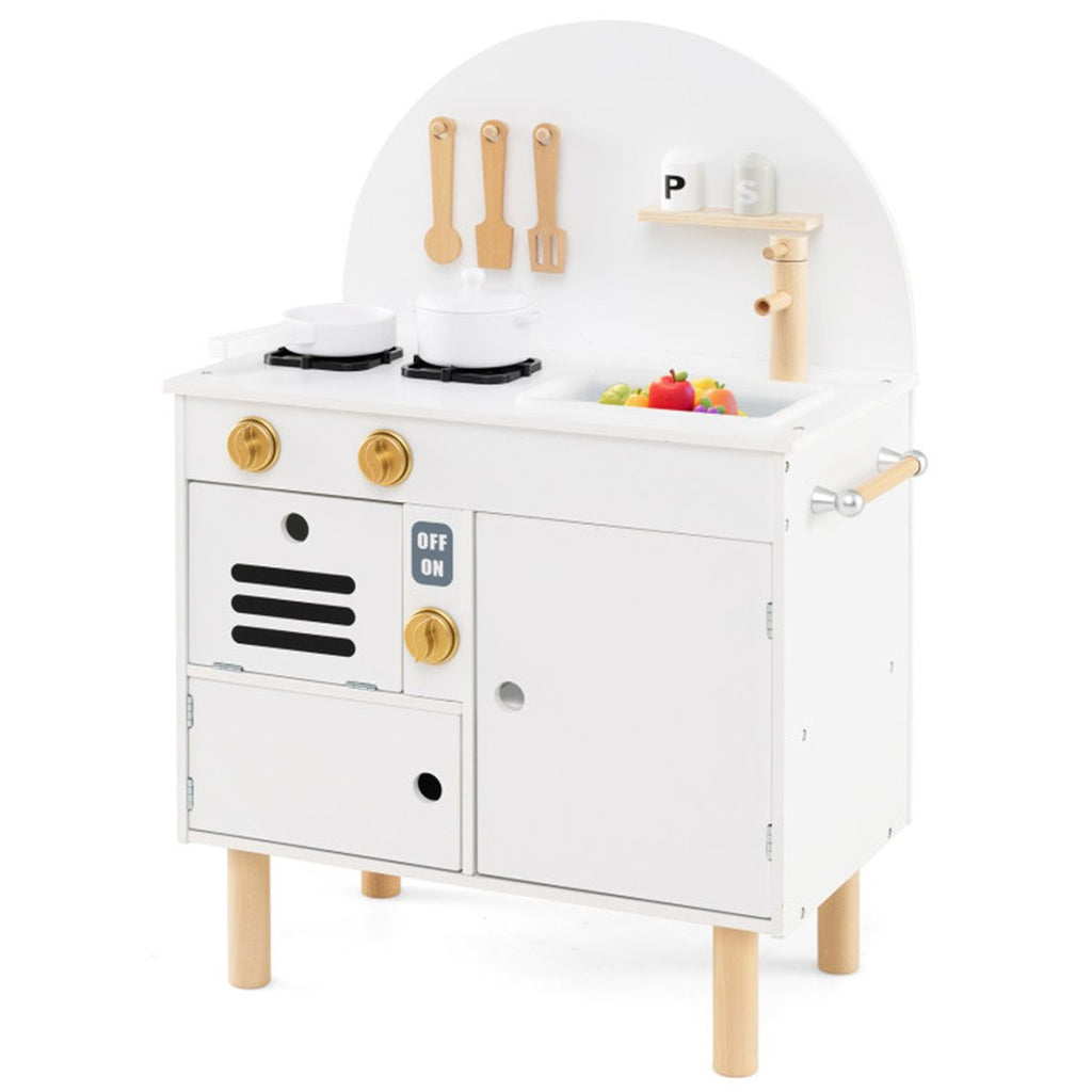 inQ Boutique - White Wooden Kids Play Kitchen with Interactive Stove & Sink, ASTM/CPSIA Compliant Pretend Cooking Set for Ages 3+