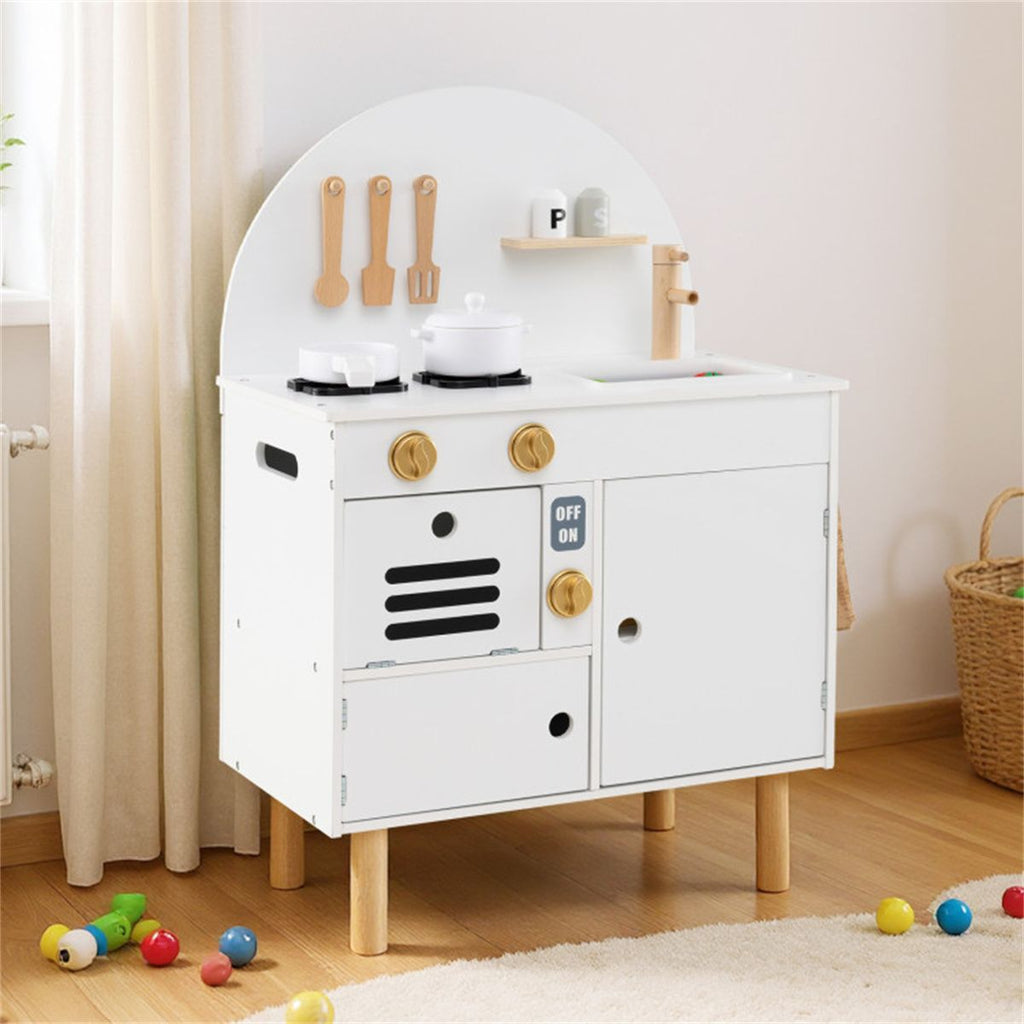 inQ Boutique - White Wooden Kids Play Kitchen with Interactive Stove & Sink, ASTM/CPSIA Compliant Pretend Cooking Set for Ages 3+