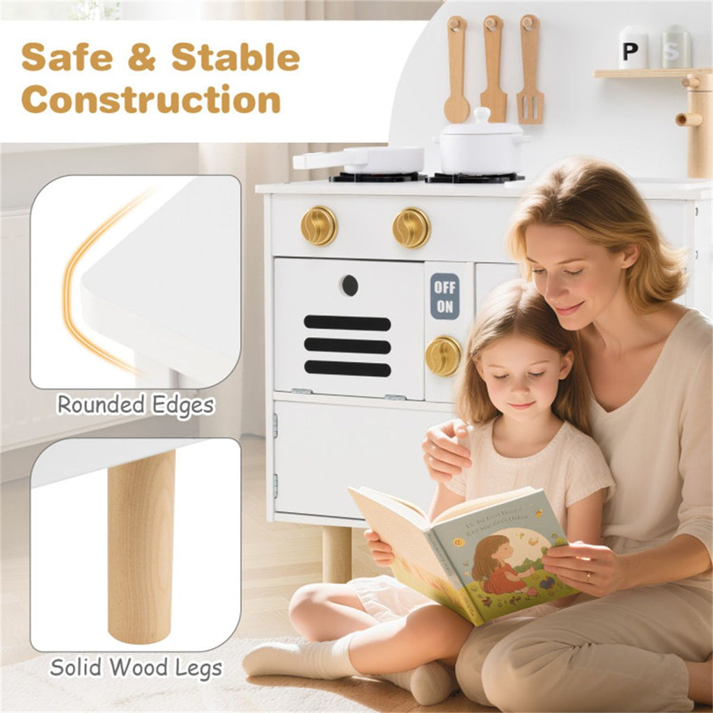 inQ Boutique - White Wooden Kids Play Kitchen with Interactive Stove & Sink, ASTM/CPSIA Compliant Pretend Cooking Set for Ages 3+