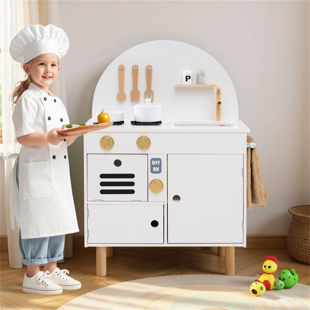 inQ Boutique - White Wooden Kids Play Kitchen with Interactive Stove & Sink, ASTM/CPSIA Compliant Pretend Cooking Set for Ages 3+