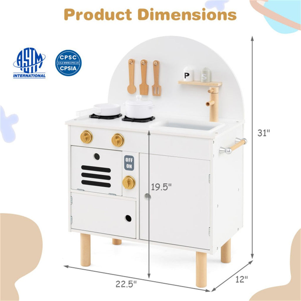 inQ Boutique - White Wooden Kids Play Kitchen with Interactive Stove & Sink, ASTM/CPSIA Compliant Pretend Cooking Set for Ages 3+