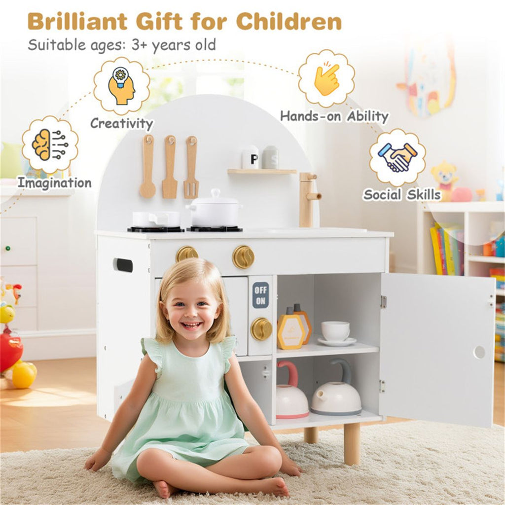 inQ Boutique - White Wooden Kids Play Kitchen with Interactive Stove & Sink, ASTM/CPSIA Compliant Pretend Cooking Set for Ages 3+
